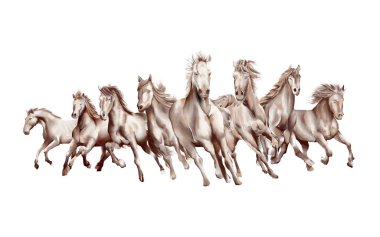 8 Running horses black and white watercolor style on white background 