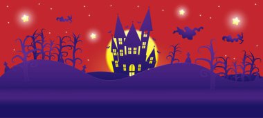 Happy halloween party haunted castle pumpkins head purple and orange background theme