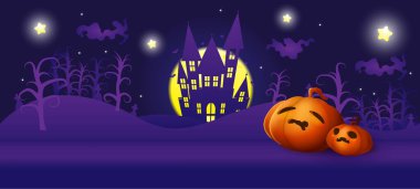 Happy halloween party haunted castle pumpkins head purple and darkness background theme