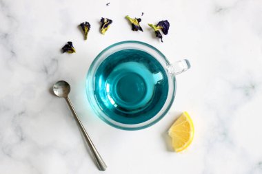 Sağlıklı içecekler, organik mavi kelebek bezelye çiçeği çayı limes ve limon, gri beton arka plan kopya alanı üstten görünüm
