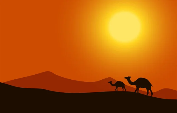 Cartoon Desert Landscape Hills Camels Mountains Silhouettes Nature Vector Flat — Stock Vector