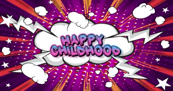 Happy Childhood Motion Poster Animated Comic Book Word Text Moving — Stock Video