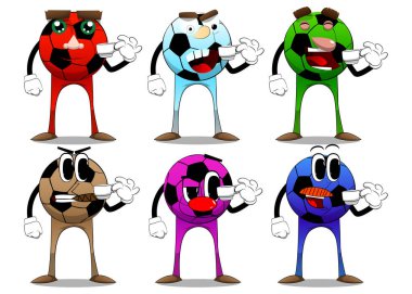 Kahve içen futbol topu. Yüzü olan bir çizgi film karakteri olarak geleneksel futbol topu.