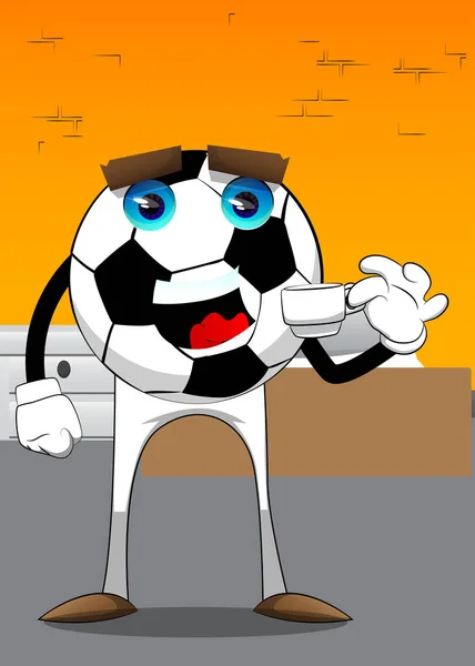 Soccer Ball Drinking Coffee Traditional Football Ball Cartoon Character Face — Stock Vector