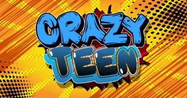 Çılgın Genç. Hareket posteri. Soyut çizgi roman arka planında ileri geri hareket eden 4k animasyon çizgi roman kelime metni. Retro pop sanat tarzı.