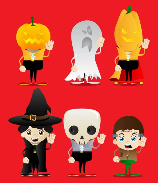 Bambini Vestiti Halloween Con Mano Che Saluta Illustrazione Del Personaggio — Vettoriale Stock