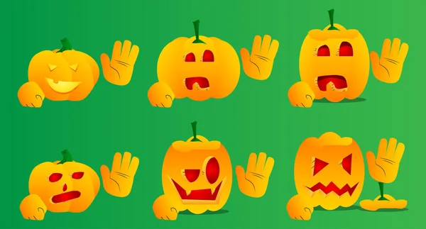 Διακοσμητική Κολοκύθα Για Halloween Κουνώντας Χέρι Χαρακτήρας Κινουμένων Σχεδίων Πρόσωπο — Διανυσματικό Αρχείο