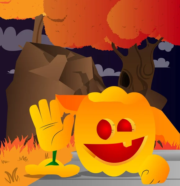 Zucca Decorativa Halloween Con Mano Ondulata Come Personaggio Dei Cartoni — Vettoriale Stock
