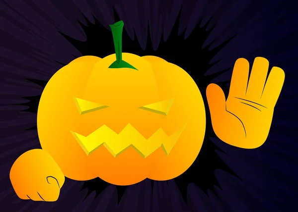 Dýně Halloween Vlnící Rukou Jako Kreslená Postava Obličejem Vektorová Ilustrace — Stockový vektor