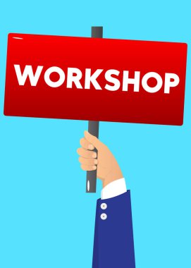 Atölye metninin olduğu bir pankartı kaldırıyorum. Pano pankartı gösteren adam, imzala.