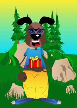 Küçük hediye kutusu tutan komik çizgi film köpeği. Vektör illüstrasyonu.