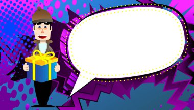 Kış için giyinmiş komik çizgi film adamı elinde büyük bir hediye kutusu tutuyor. Vektör illüstrasyonu.