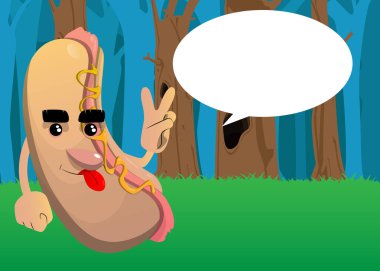 Hot Dog V işaretini gösteriyor, barış eli işareti. Çizgi film karakteri olarak Amerikan fast food..