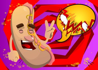 Hot Dog V işaretini gösteriyor, barış eli işareti. Çizgi film karakteri olarak Amerikan fast food..