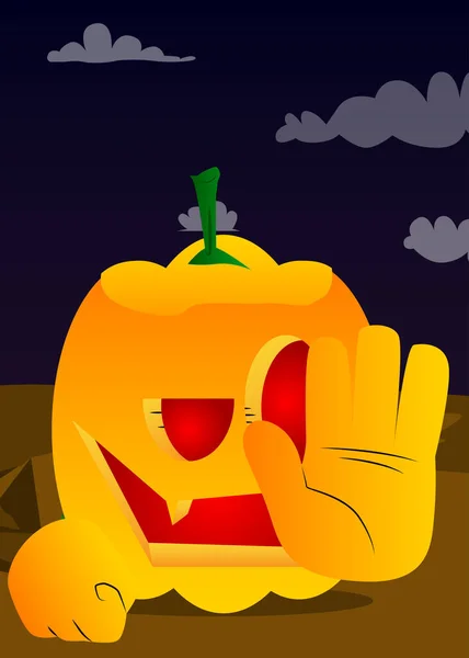Decorative Pumpkin Halloween Showing Deny Refuse Hand Gesture Cartoon Character — Stock Vector