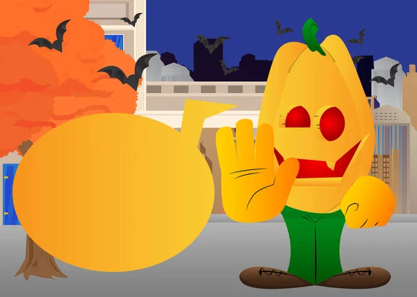 Decorative Pumpkin Halloween Showing Deny Refuse Hand Gesture Cartoon Character — Stock Vector