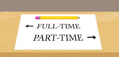 Part-time ve tam zamanlı metin, beyaz kalemli oklar. Çizgi film vektör illüstrasyonu.