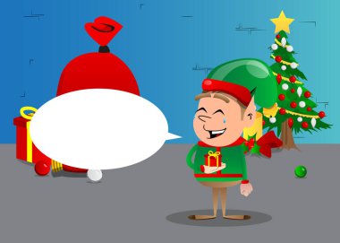 Noel elfi küçük bir hediye kutusu tutuyor. Vektör çizgi film karakteri çizimi Noel Baba 'nın küçük çalışanı, yardımcısı.