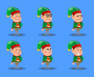 Noel elfi küçük bir hediye kutusu tutuyor. Vektör çizgi film karakteri çizimi Noel Baba 'nın küçük çalışanı, yardımcısı.