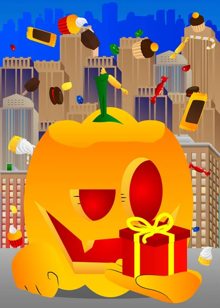 Abóbora Decorativa Para Halloween Segurando Pequena Caixa Presente Como Personagem — Vetor de Stock