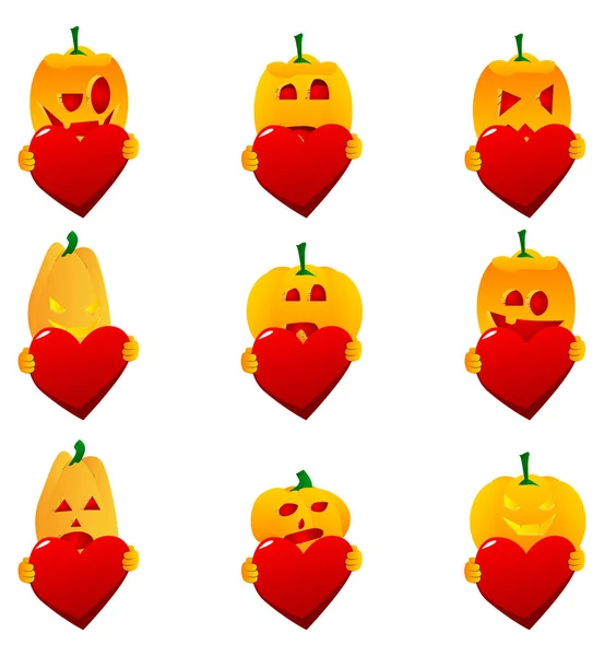 Abóbora Decorativa Para Halloween Abraçando Grande Coração Vermelho Como Personagem — Vetor de Stock
