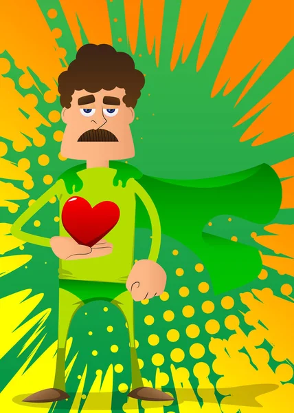 Elinde Kırmızı Bir Kalp Tutan Süper Kahraman Gibi Giyinmiş Komik — Stok Vektör