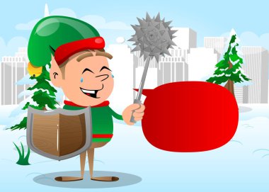 Noel Elfinin elinde çivili topuz ve kalkan var. Vektör çizgi film karakteri çizimi Noel Baba 'nın küçük çalışanı, yardımcısı.