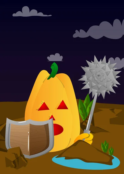Abóbora Decorativa Para Halloween Segurando Uma Maça Cravada Escudo Como — Vetor de Stock
