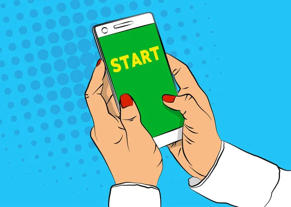 Spustit Text Obrazovce Smartphone Cartoon Vektor Ilustrované Mobilní Telefon — Stockový vektor