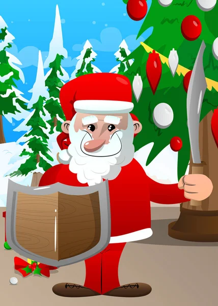 Beyaz Sakallı Elinde Kılıç Kalkan Tutan Kırmızı Elbiseli Noel Baba — Stok Vektör