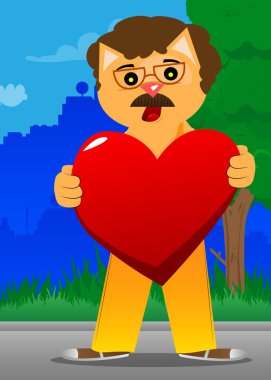 Büyük kırmızı kalbi olan komik çizgi film kedisi. Vektör çizimi. Şirin turuncu, sarı saçlı yavru kedi..