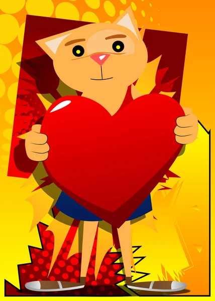 Funny Cartoon Cat Holding Big Red Heart Vector Illustration Cute — Stock Vector