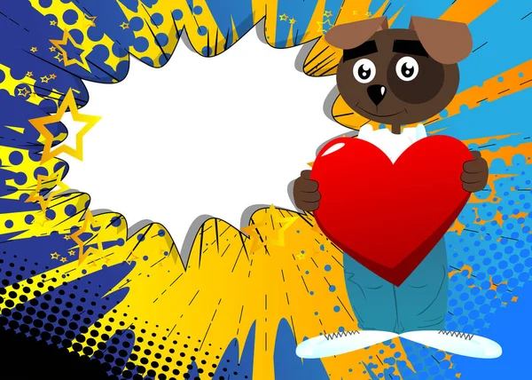 Funny Cartoon Dog Holding Big Red Heart Vector Illustration — Stock Vector