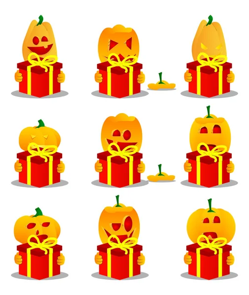 Abóbora Decorativa Para Halloween Segurando Grande Caixa Presente Como Personagem — Vetor de Stock