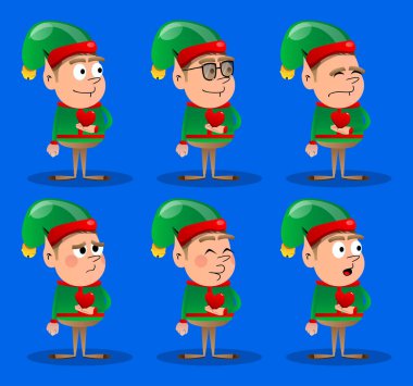 Noel elfi elinde kırmızı bir kalp tutuyor. Vektör çizgi film karakteri çizimi Noel Baba 'nın küçük çalışanı, yardımcısı.