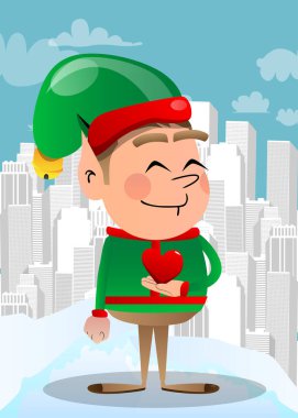 Noel elfi elinde kırmızı bir kalp tutuyor. Vektör çizgi film karakteri çizimi Noel Baba 'nın küçük çalışanı, yardımcısı.