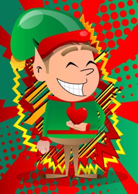 Noel elfi elinde kırmızı bir kalp tutuyor. Vektör çizgi film karakteri çizimi Noel Baba 'nın küçük çalışanı, yardımcısı.