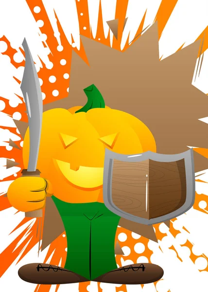 Abóbora Decorativa Para Halloween Segurando Uma Espada Escudo Como Personagem — Vetor de Stock