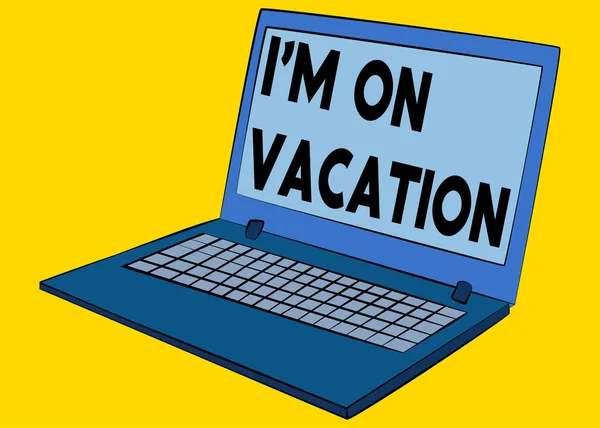 画面上で休暇中という言葉でノートパソコン ベクトル漫画イラスト — ストックベクタ