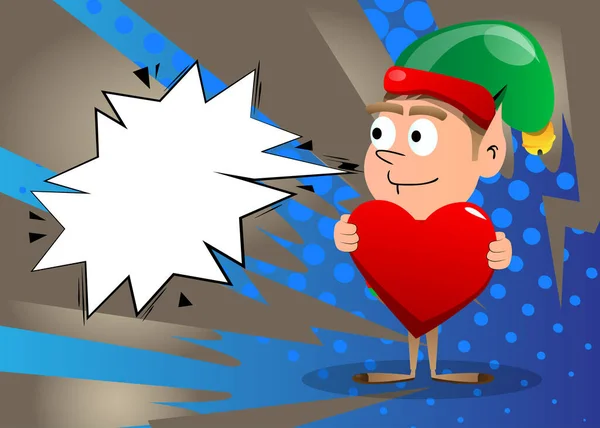 Elfo Natal Abraçando Grande Coração Vermelho Desenho Animado Vetor Ilustração —  Vetores de Stock