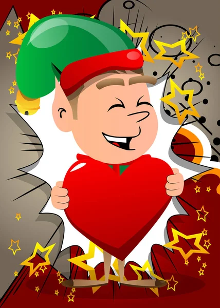 Świąteczny Elf Przytulający Wielkie Czerwone Serce Wektor Postać Kreskówki Ilustracja — Wektor stockowy