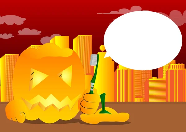 Abóbora Decorativa Para Halloween Segurando Escova Dentes Como Personagem Desenho — Vetor de Stock