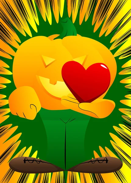Декоративний Гарбуз Хеллоуїна Тримає Червоне Серце Руці Мультиплікаційний Персонаж Обличчям — стоковий вектор