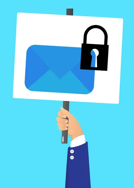 手举一面标有发送加密电子邮件保护蓝色安全邮件互联网标志的横幅 展示广告牌横幅的人 — 图库矢量图片
