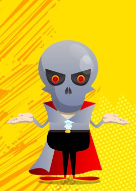 Cadılar Bayramı için giyinmiş bir çocuk omuz silkiyor ve jestten anlamıyor. Vektör çizgi film karakteri. Oyun oynamaya hazır çocukların çizimi..