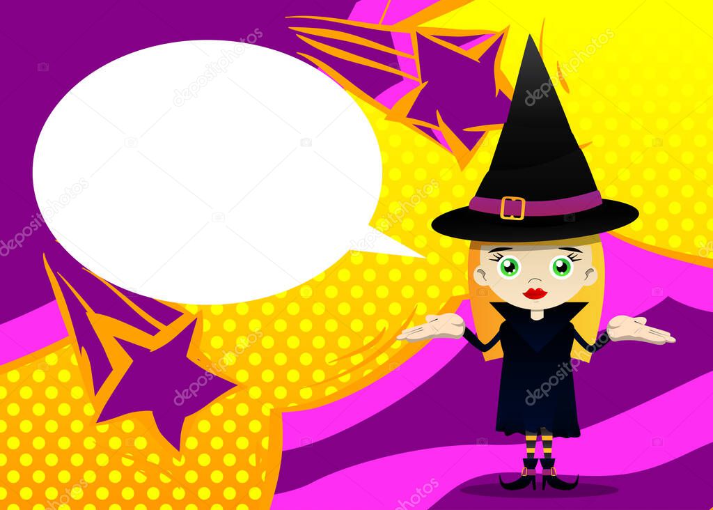 Kid dressed for Halloween shrugs shoulders expressing don't know gesture. Vector cartoon character illustration of kids ready to Trick or Treat.