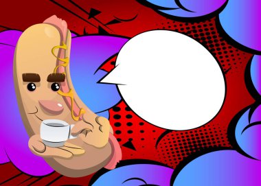 Hot Dog elinde bir fincan kahve tutuyor. Çizgi film karakteri olarak Amerikan fast food..