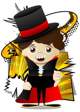 Cadılar Bayramı için giyinmiş bir çocuk el işaretini beğenmiyor. Vektör çizgi film karakteri. Oyun oynamaya hazır çocukların çizimi..