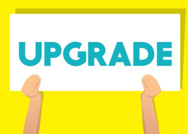 El ele tutuşma pankartı, yükseltilmiş metin, beyaz kağıt üzerine yazılım programı konsepti. Reklam panosu gösteren adam.