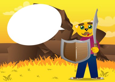 Elinde kılıç ve kalkan tutan komik çizgi film kedisi. Vektör çizimi. Şirin turuncu, sarı saçlı yavru kedi..